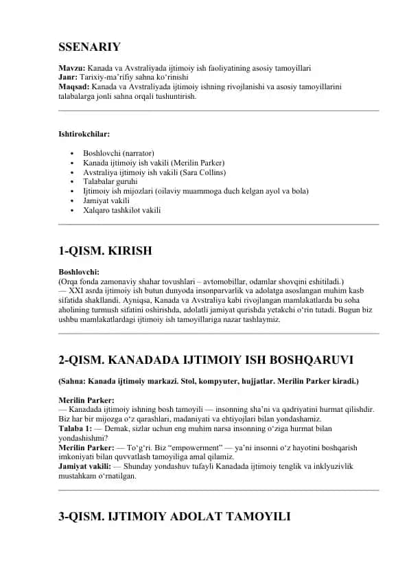 Kanada va Avstraliyada Ijtimoiy Ish Faoliyatining Asosiy Tamoyillari