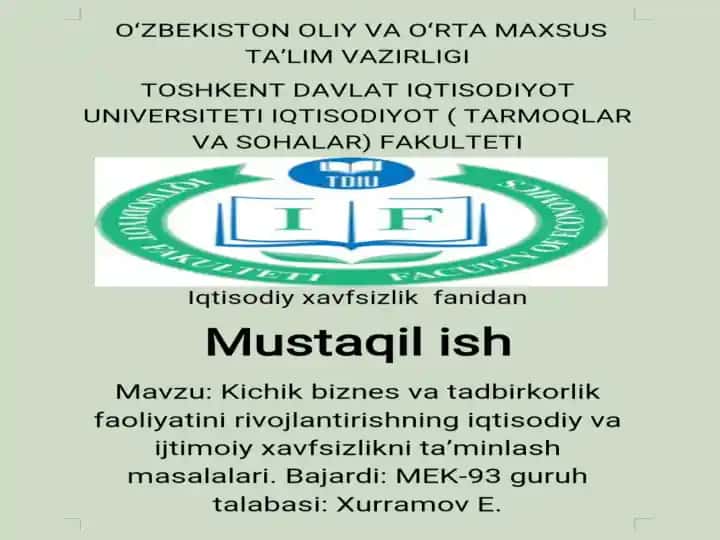 Kichik biznes va tadbirkorlik faoliyatini rivojlantirishning iqtisodiy va ijtimoiy xavfsizlikni ta'minlash masalalari