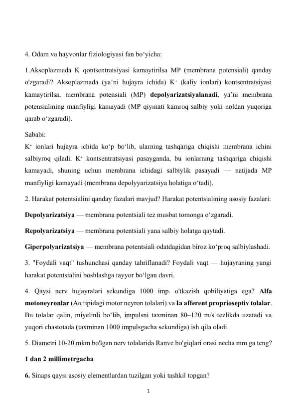 Odam va hayvonlar fiziologiyasi fan boʻyicha
