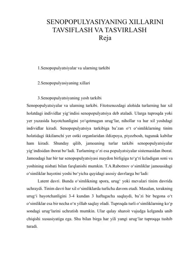 Senopopulyatsiyaning Xillarini Tavsiflash va Tasvirlash