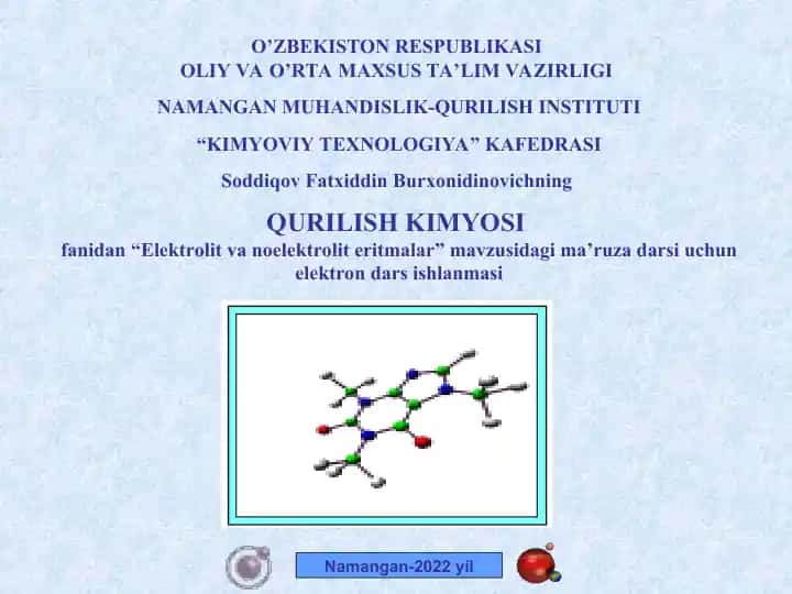 “Elektrolit va noelektrolit eritmalar” mavzusidagi elektron dars ishlanmasi