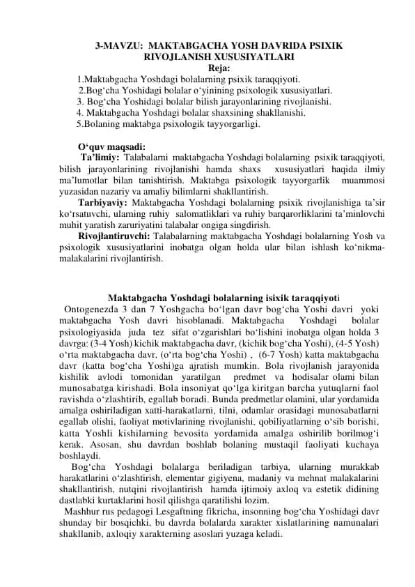 Maktabgacha Yosh Davrida Psixik Rivojlanish Xususiyatlari