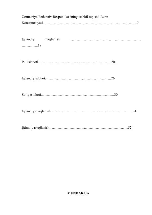 Germaniya Federativ Respublikasining tashkil topishi va ijtimoiy-iqtisodiy rivojlanishi (kurs ishi)