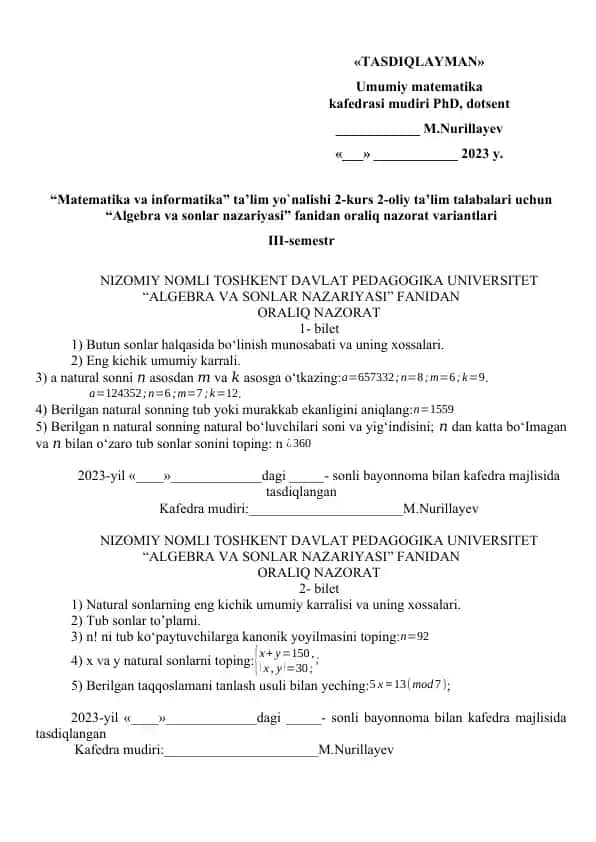 Algebra va sonlar nazariyasi fanidan oraliq nazorat variantlari