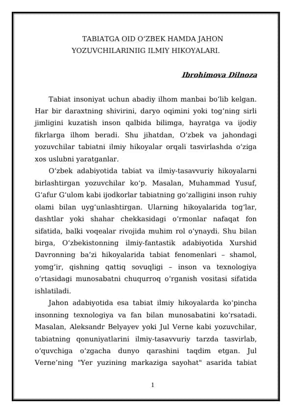 TABIATGA OID О‘ZBEK HAMDA JAHON YOZUVCHILARINIIG ILMIY HIKOYALARI.