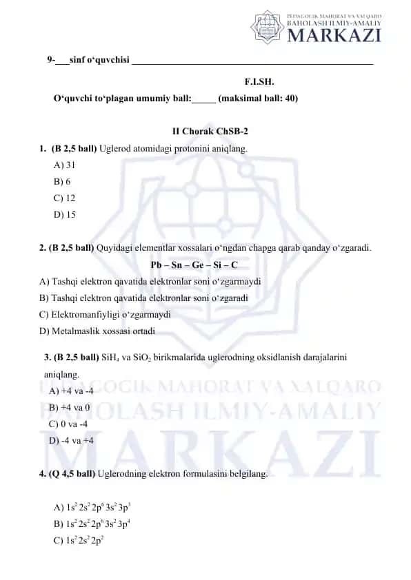 Kimyo sinovi test savollari