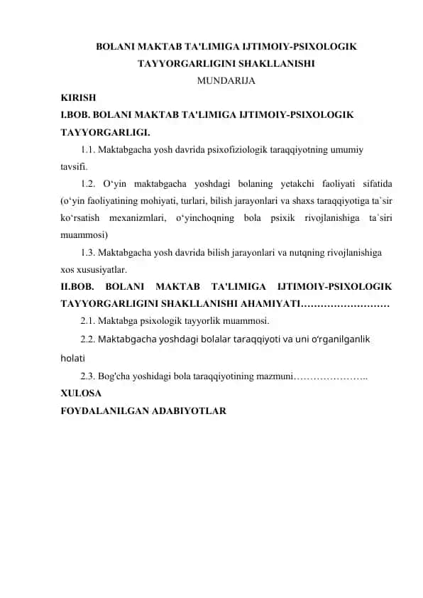 Bolani maktab ta'limiga ijtimoiy-psixologik tayyorgarligini shakllanishi