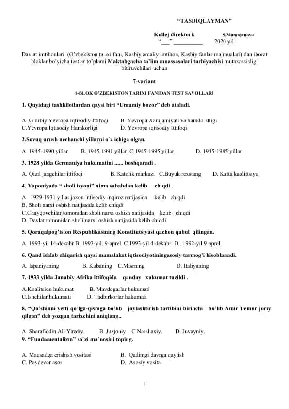 Davlat imtihonlari bloklar bo’yicha testlar to’plami (Maktabgacha ta’lim muassasalari tarbiyachisi mutaxassisligi bitiruvchilari uchun)