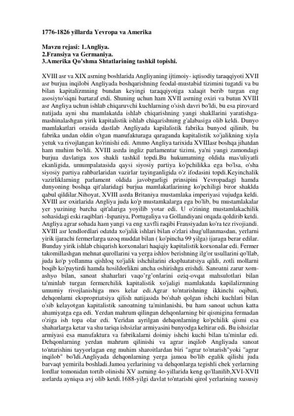 XVIII va XIX asr Yevropa va Amerika tarixi