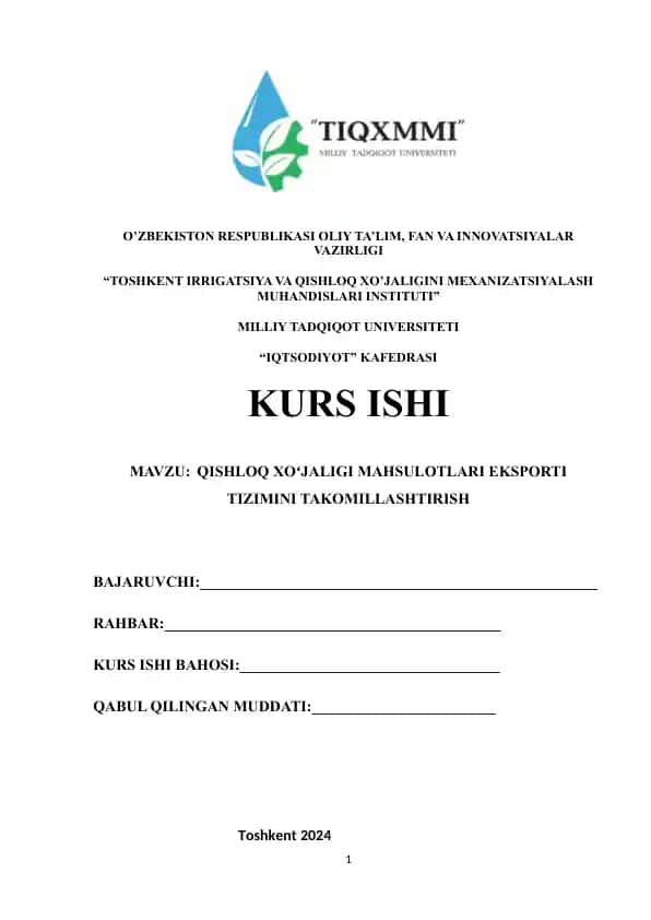 Qishloq xo'jaligi mahsulotlari eksporti tizimini takomillashtirish