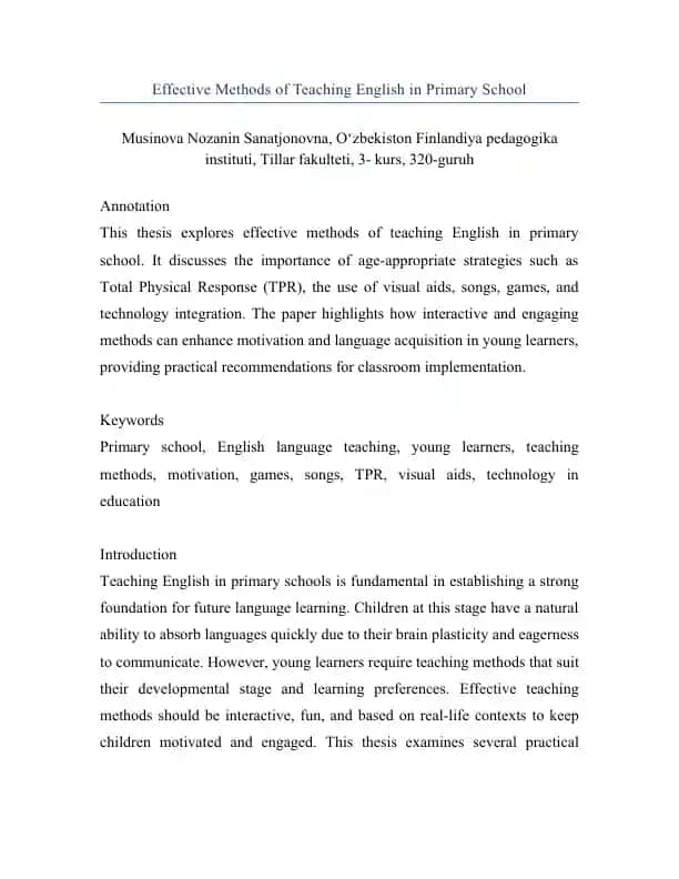 Effective Methods of Teaching English in Primary School