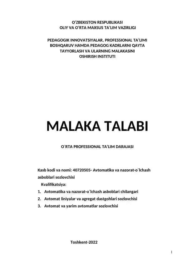 Avtomatika va nazorat-o`lchash asboblari sozlovchisi