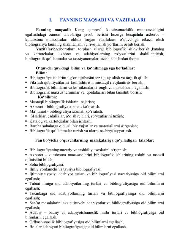 Bibliografiya fani uchun o‘quv dasturi va metodikasi