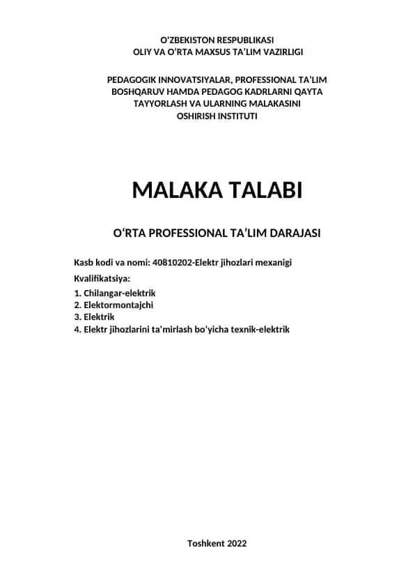 Elektr jihozlari mexanigi malaka talabi