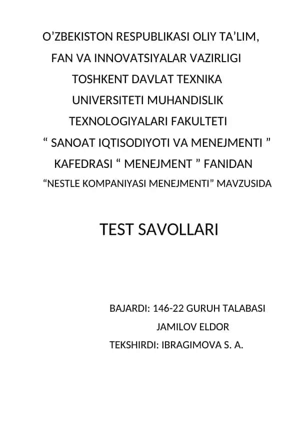 Nestle kompaniyasi test savollari