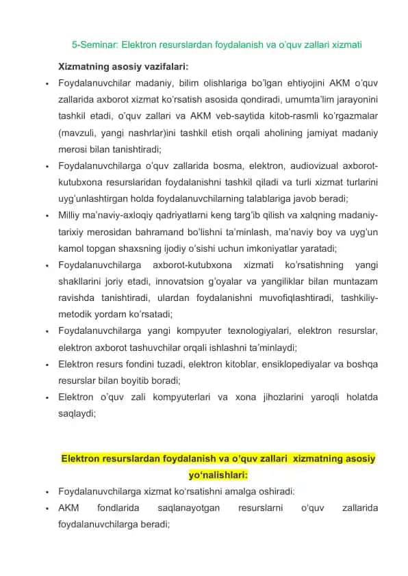 5-Seminar: Elektron resurslardan foydalanish va oʼquv zallari xizmati