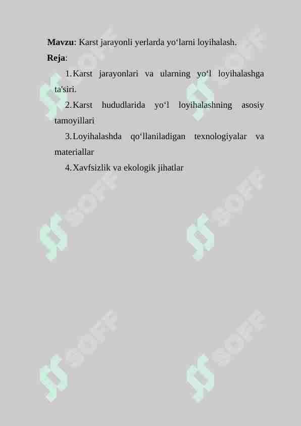 Karst jarayonli yerlarda yo‘larni loyihalash.