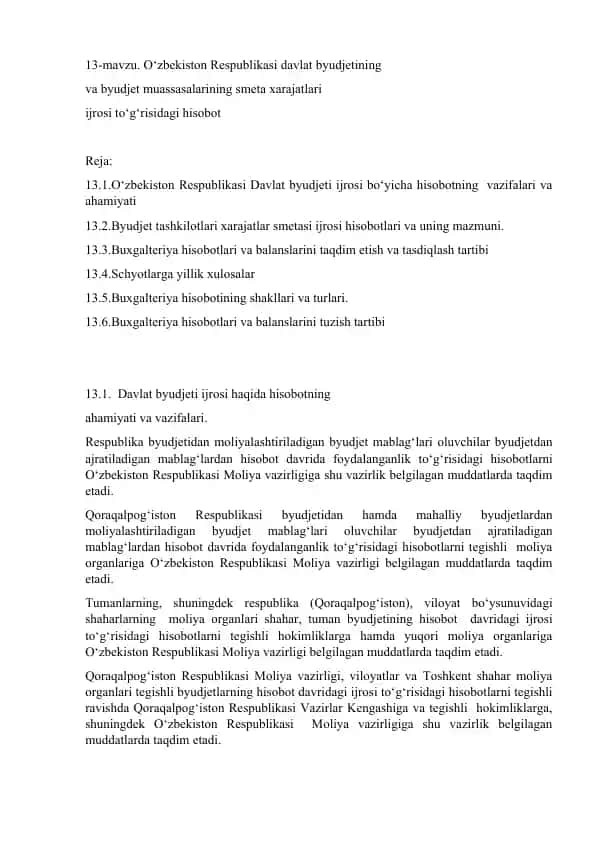 O‘zbekiston Respublikasi Davlat byudjeti ijrosi bo‘yicha hisobotning vazifalari va ahamiyati
