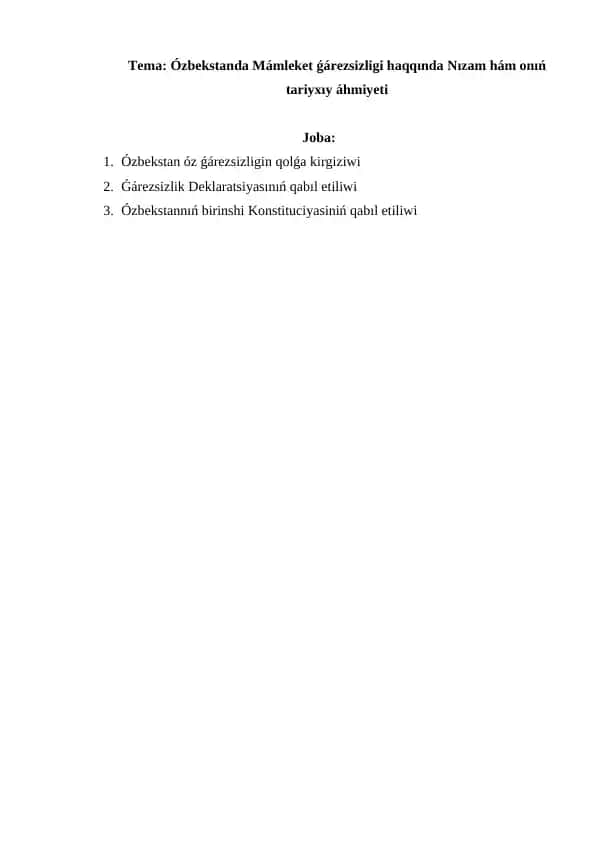 Ózbekstanda Mámleket ǵárezsizligi haqida Nizam hám oniń tariyxıy áhmiyeti