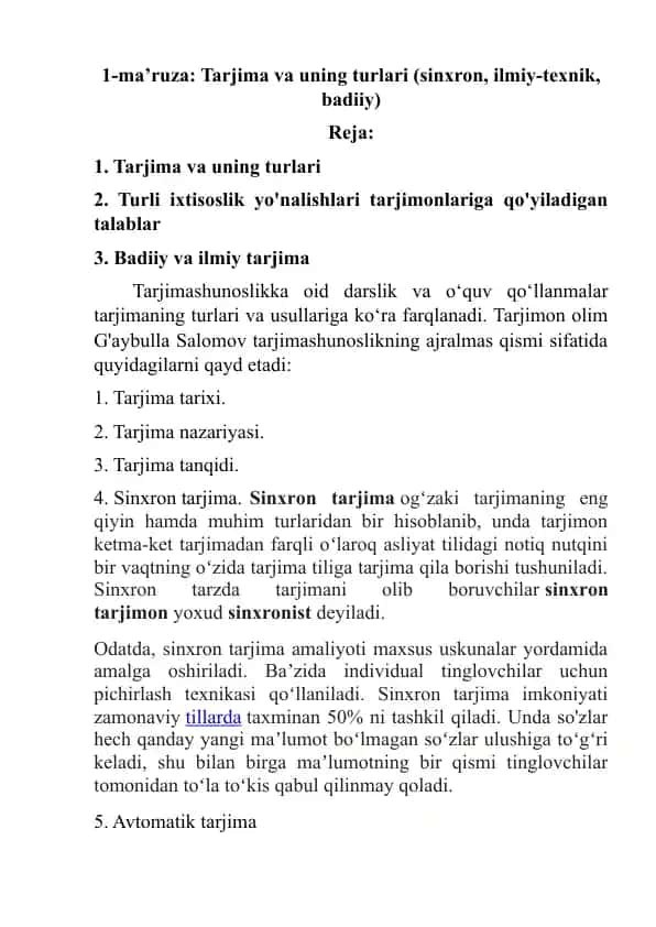 Tarjima va uning turlari (sinxron, ilmiy-texnik, badiiy)