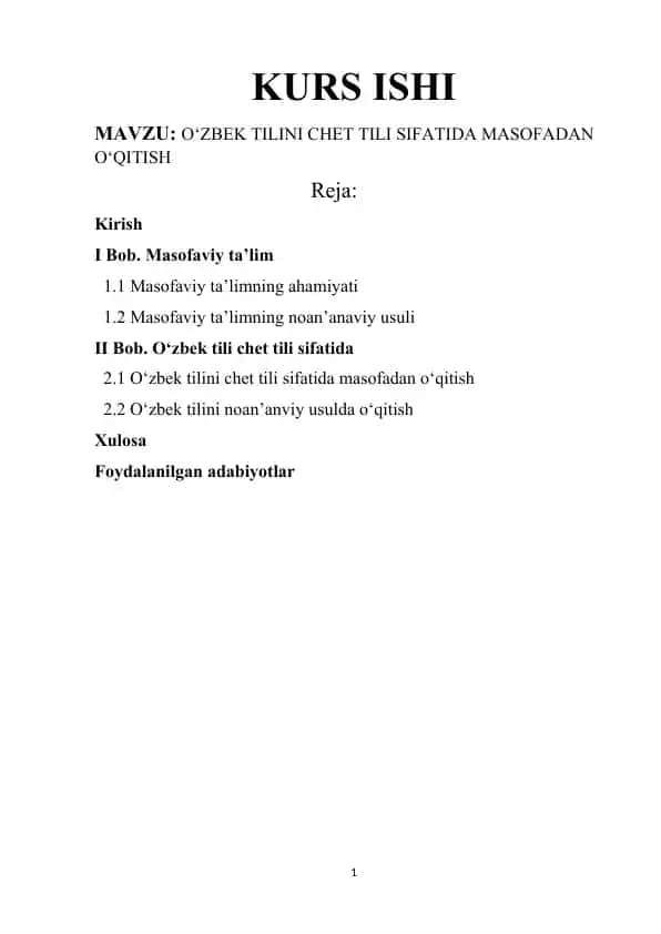 O‘zbek Tilini Chet Tili Sifatida Masofadan O‘qitish Kurs Ishi