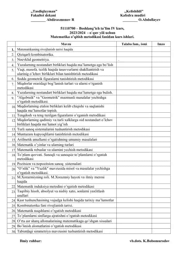 Matematika o’qitish metodikasi fanidan kurs ishlari