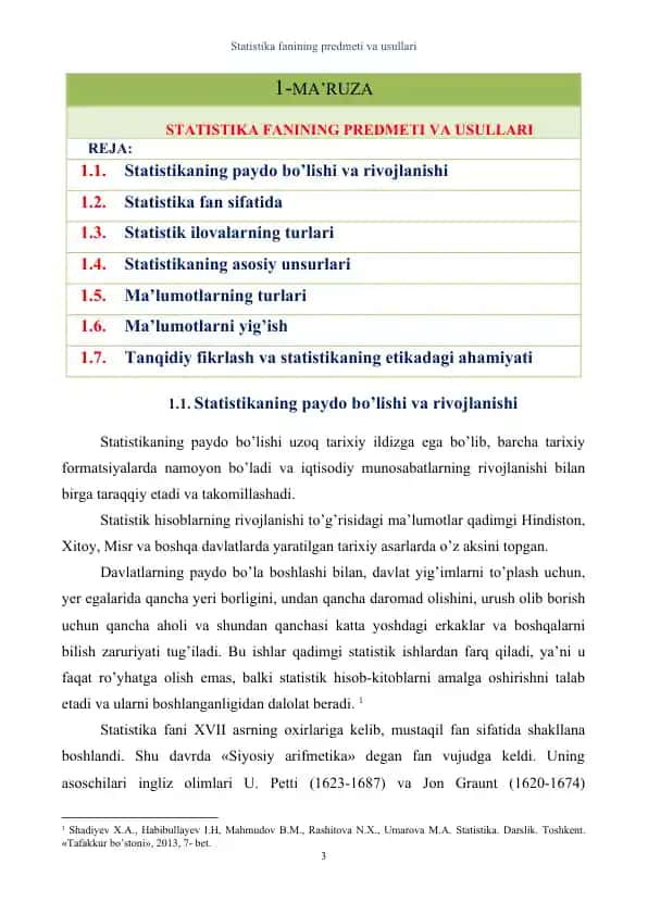 Statistika fanining predmeti va usullari