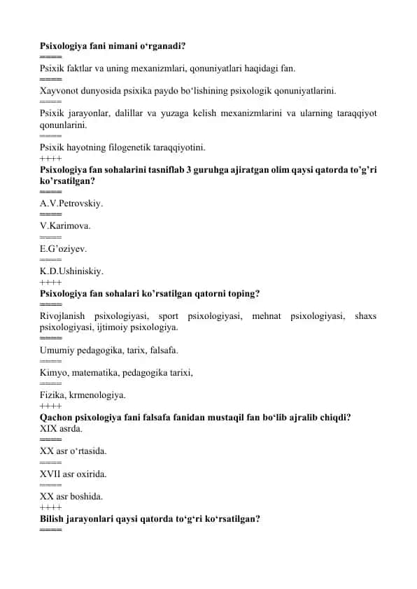 Psixologiya savollar