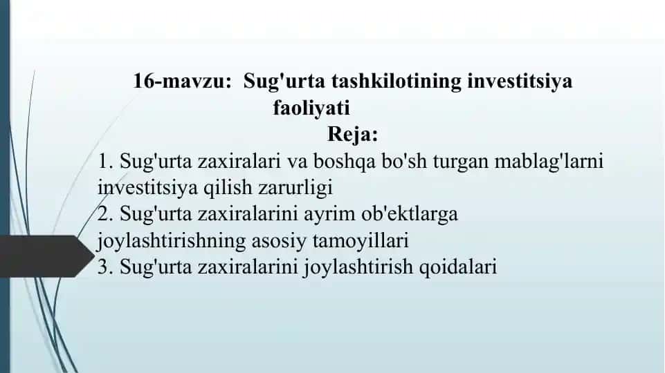 Sug'urta zaxiralarining investitsiya faoliyati