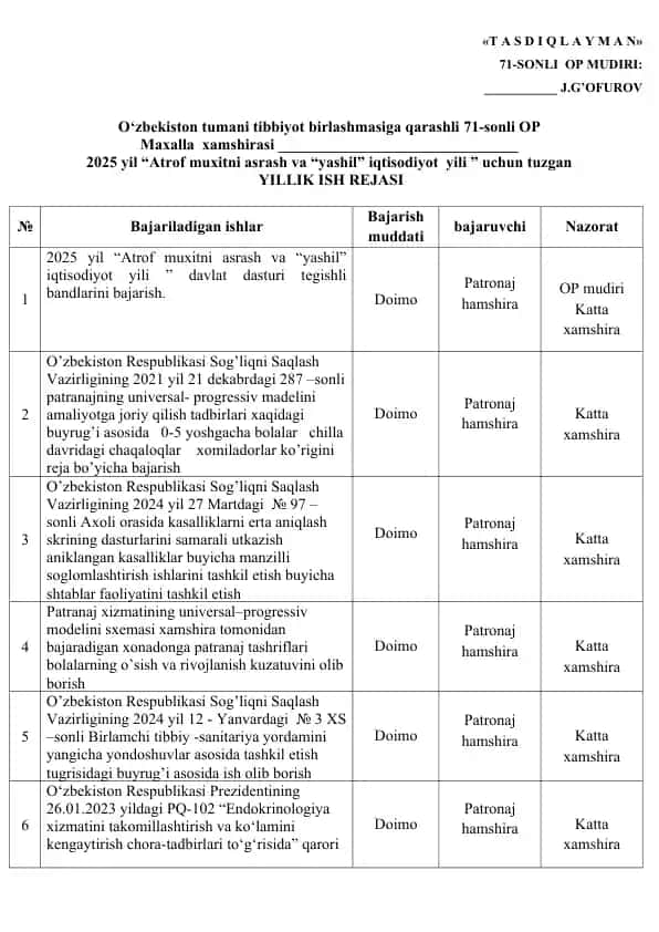 2025 yil “Atrof muhitni asrash va yashil iqtisodiyot yili” uchun yillik ish rejasi