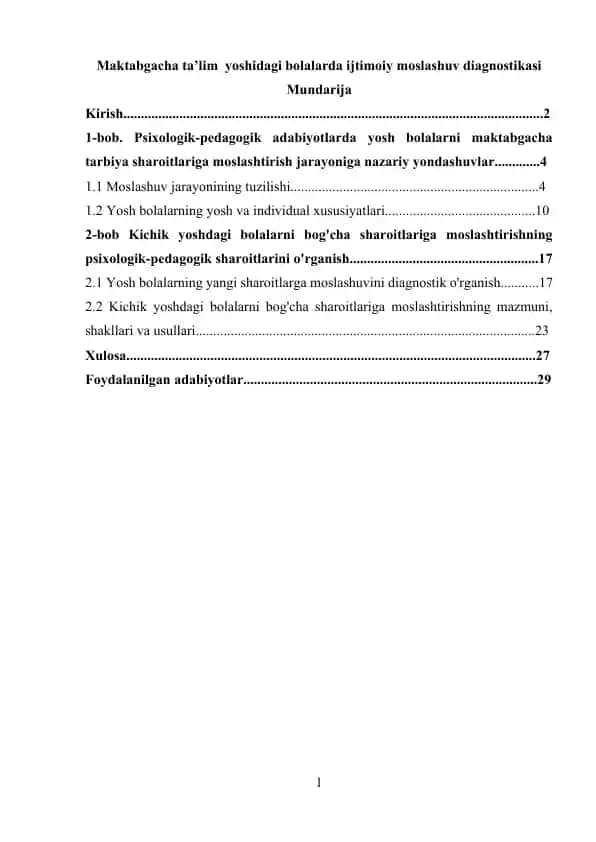 Maktabgacha ta’lim yoshidagi bolalarda ijtimoiy moslashuv diagnostikasi