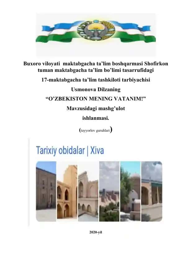 Mashg'ulot dasturi "O'zbekiston Mening Vatanim"