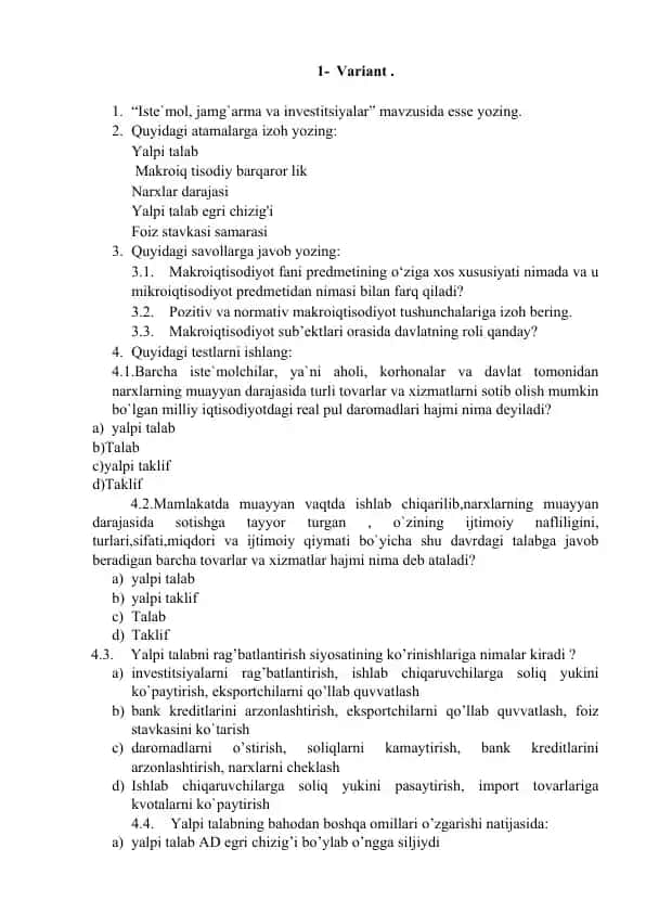 Iste`mol, jamg`arma va investitsiyalar