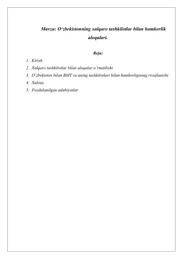 O‘zbekistonning xalqaro tashkilotlar bilan hamkorlik aloqalari