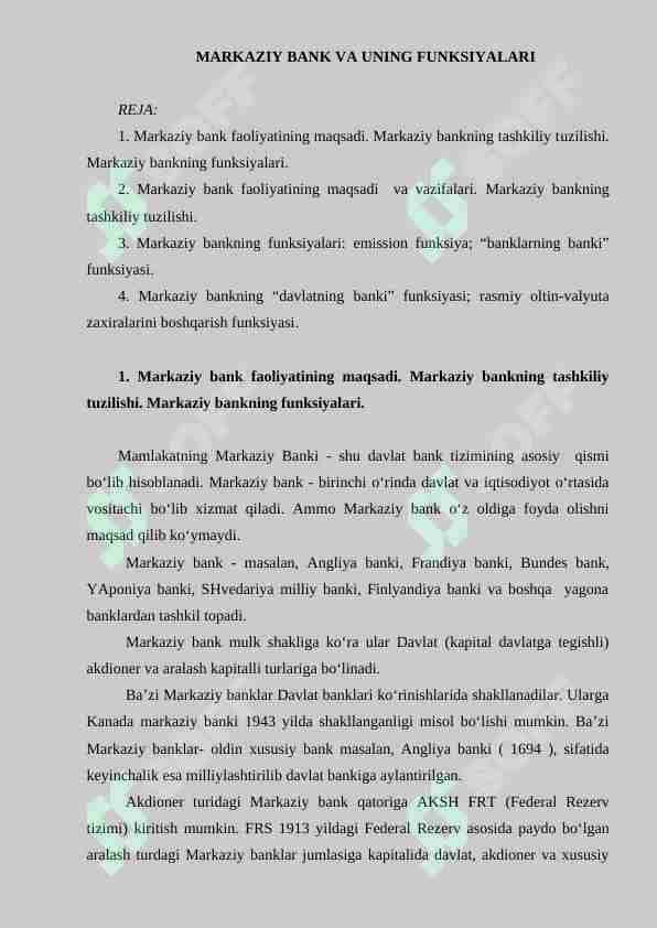 MARKAZIY BANK VA UNING FUNKSIYALARI