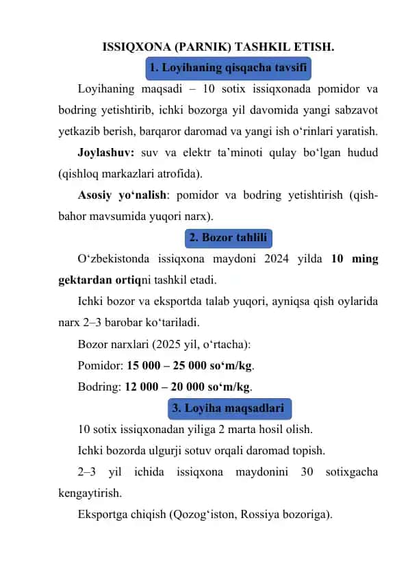 ISSIQXONA (PARNIK) TASHKIL ETISH.
