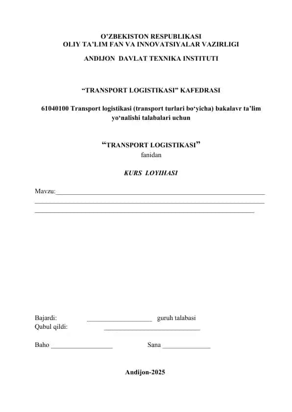 Transport logistikasi kurs loyihasi