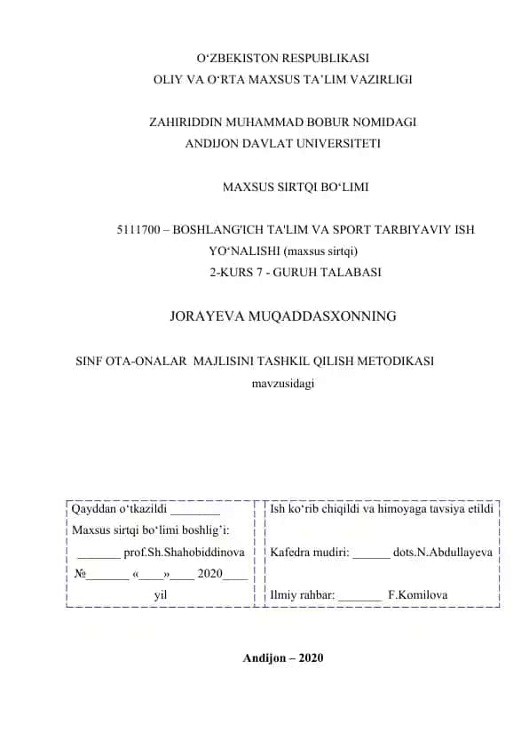 SINF OTA-ONALAR MAJLISINI TASHKIL QILISH METODIKASI