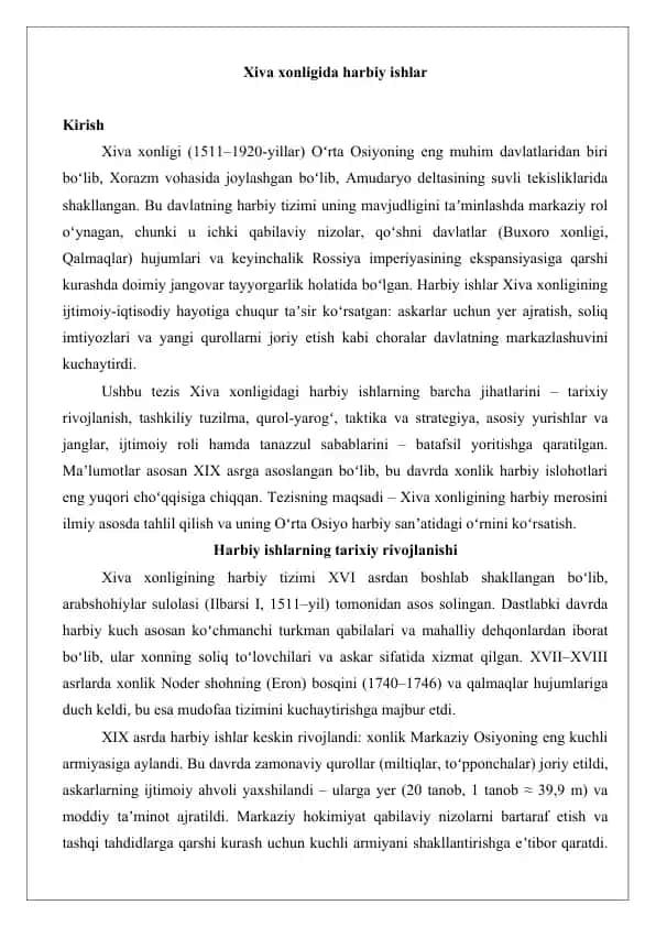 Xiva xonligida harbiy ishlar TEZIS
