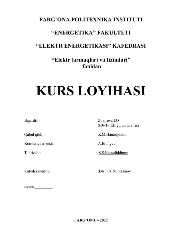 Elektr tarmoqlari va tizimlari kurs loyihasi