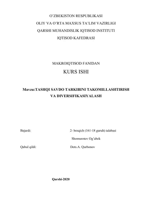 TASHQI SAVDO TARKIBINI TAKOMILLASHTIRISH VA DIVERSIFIKASIYALASH