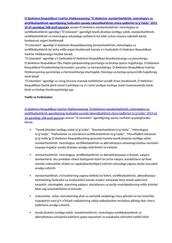 O‘zstandart agentligi faoliyati