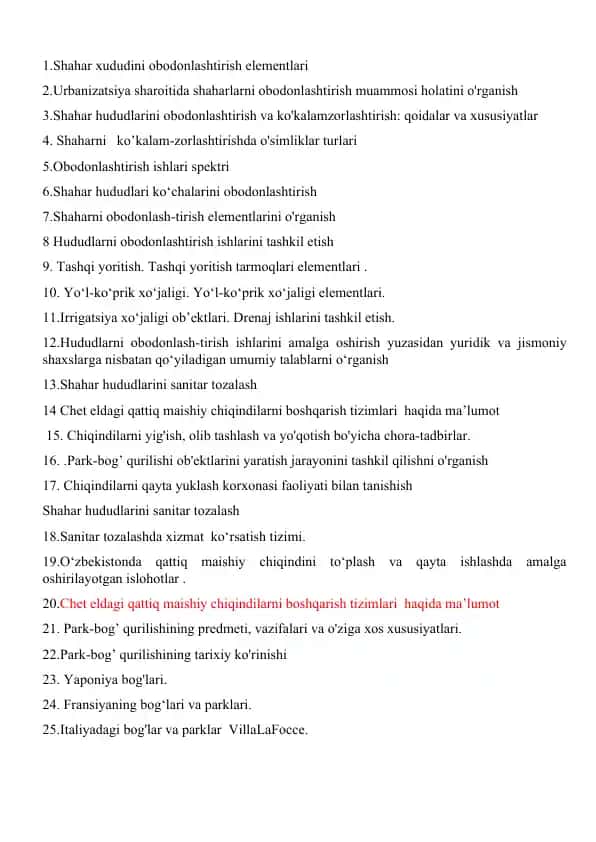 Shahar obodonlash elementlari haqida ma'lumotlar