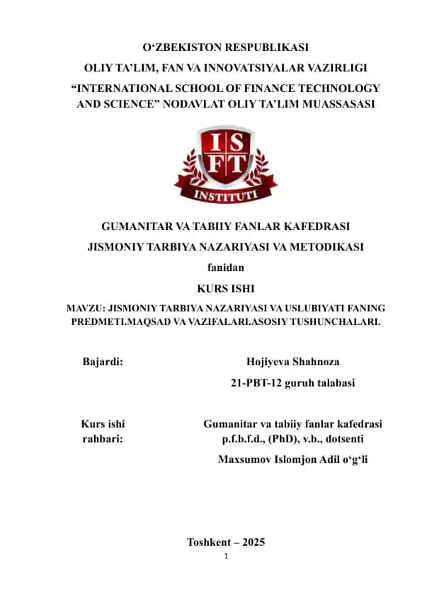 Jismoniy tarbiya nazariyasi va uslubiyati fanining kurs ishi