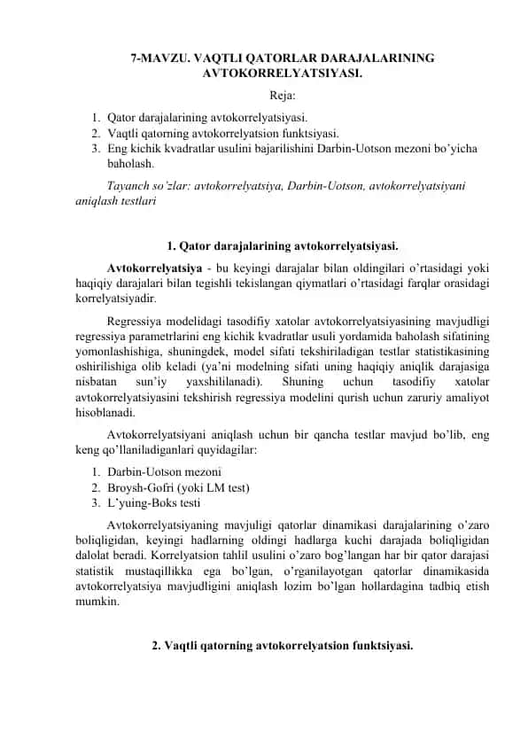 Avtokorrelyatsiya va regressiya analizi