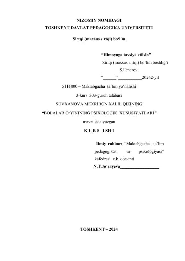 Bolalar O'yinining Psixologik Xususiyatlari
