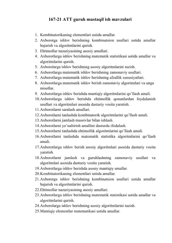 ATT guruh mustaqil ish mavzulari