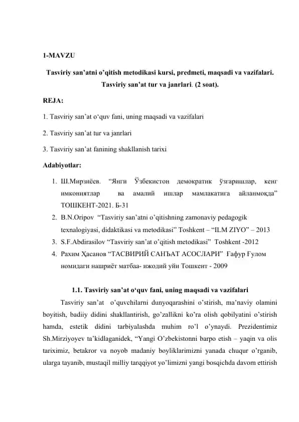 Tasviriy san’atni o’qitish metodikasi kursi