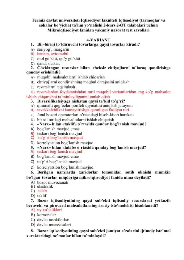 Mikroiqtisodiyot fanidan yakuniy nazorat test savollari