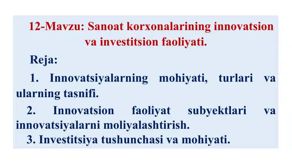 Innovatsion faoliyat va investitsiyalar